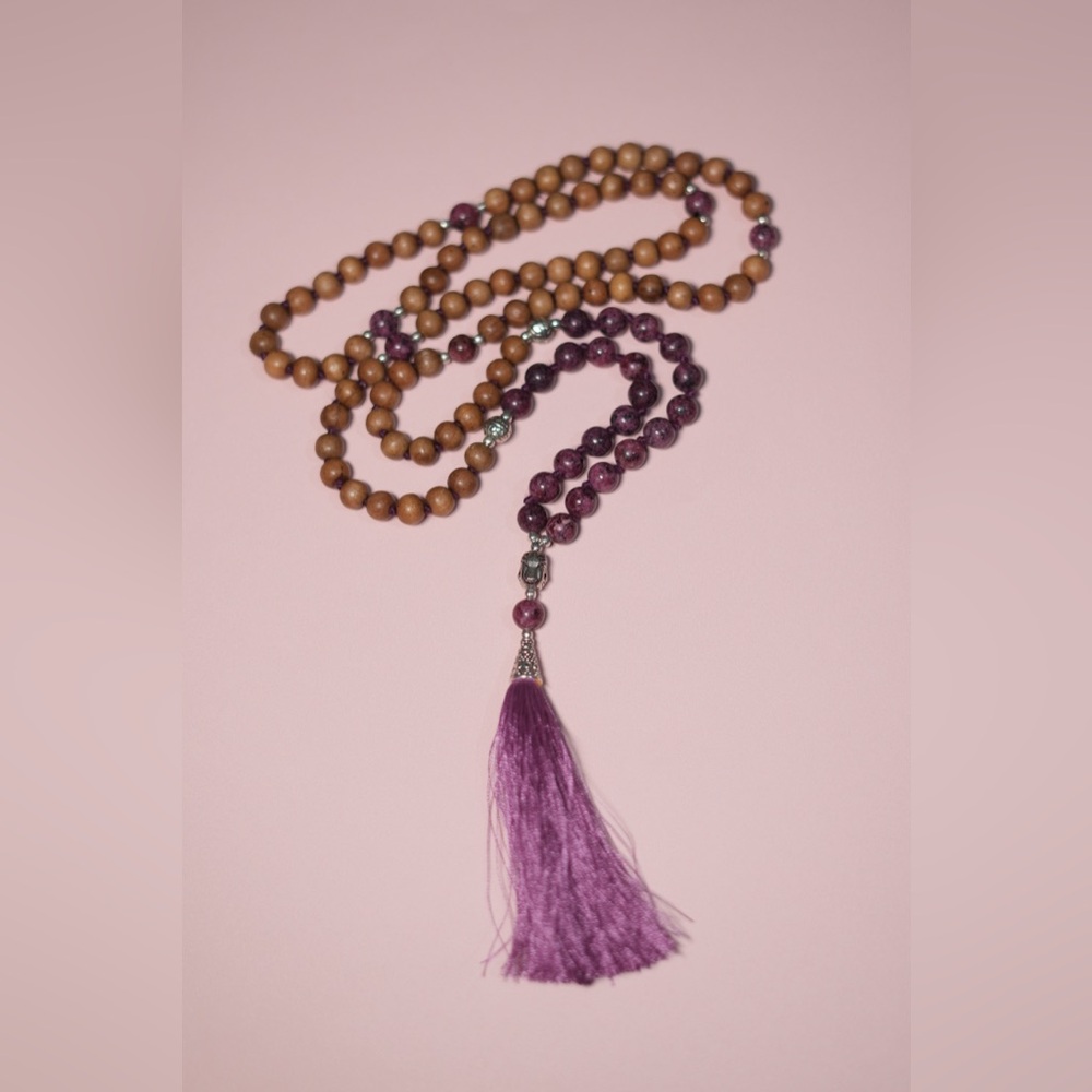 38” Mango Wood & Purple Jasper Mala Necklace – 108 Beads – Handmade in Rishikesh